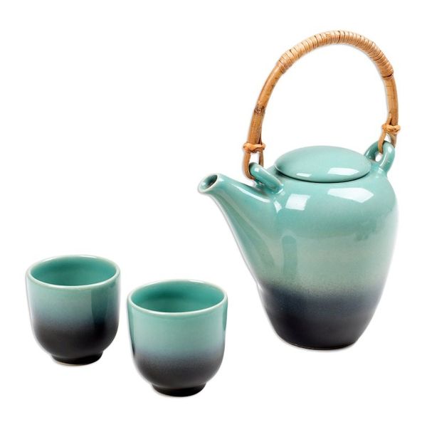 Alternate image for Ceramic and Bamboo Tea Set in Turquoise and Black 3 Pieces Lagoon Tea