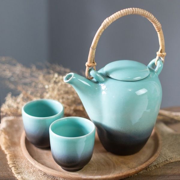 Alternate image for Ceramic and Bamboo Tea Set in Turquoise and Black 3 Pieces Lagoon Tea