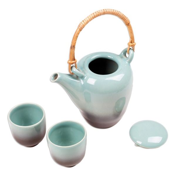 Alternate image for Ceramic and Bamboo Tea Set in Turquoise and Black 3 Pieces Lagoon Tea