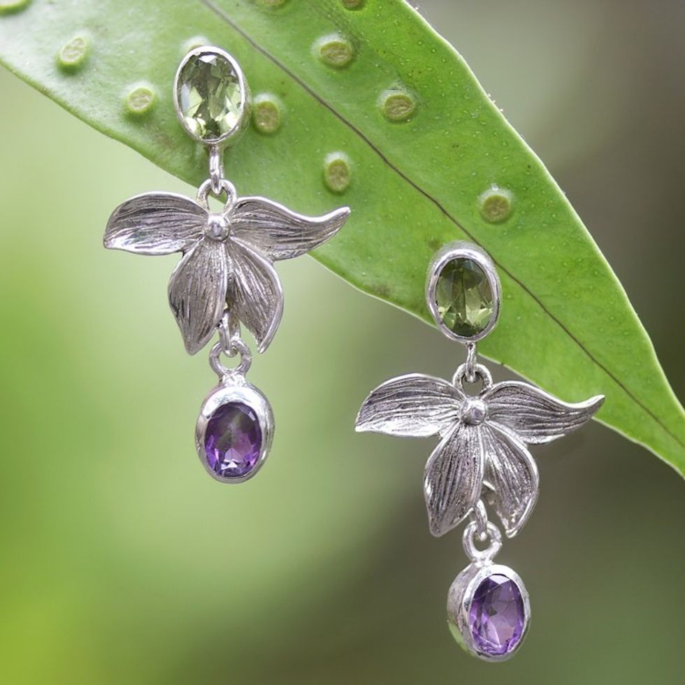 Floral Dangle Earrings with Faceted Peridot and Amethyst 'Fortune Purple'