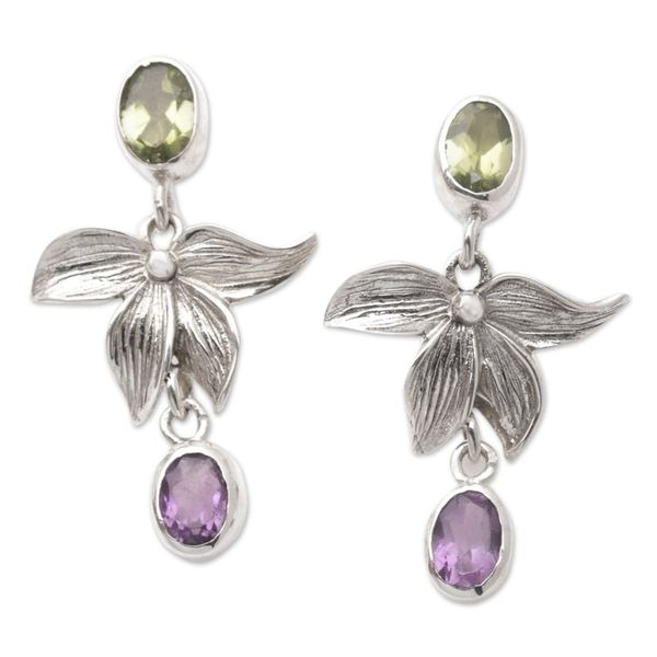 Alternate image for Floral Dangle Earrings with Faceted Peridot and Amethyst Fortune Purple