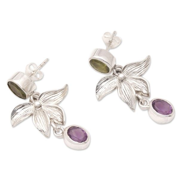 Alternate image for Floral Dangle Earrings with Faceted Peridot and Amethyst Fortune Purple