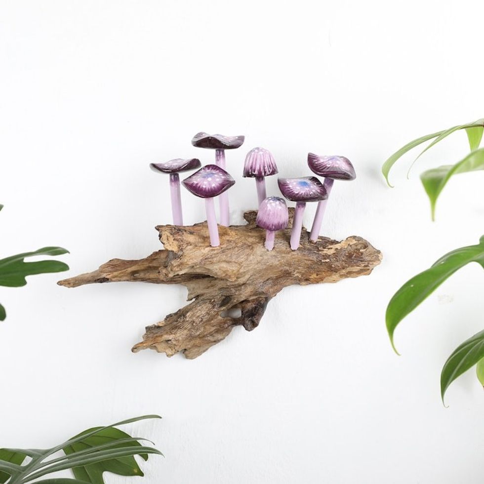 Purple Gamal and Jempinis Wood Mushroom Wall Sculpture 'Little Purple Nature'