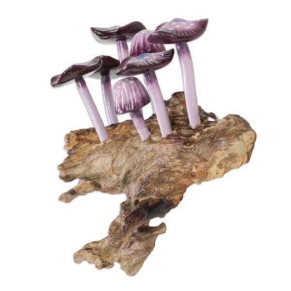 Alternate image for Purple Gamal and Jempinis Wood Mushroom Wall Sculpture Little Purple Nature
