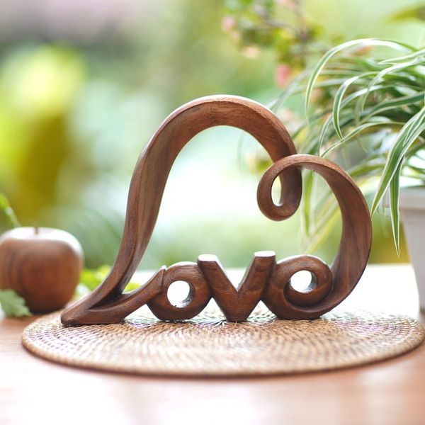 Alternate image for Hand-Carved Abstract Heart-Shaped Suar Wood Sculpture Love Whisper