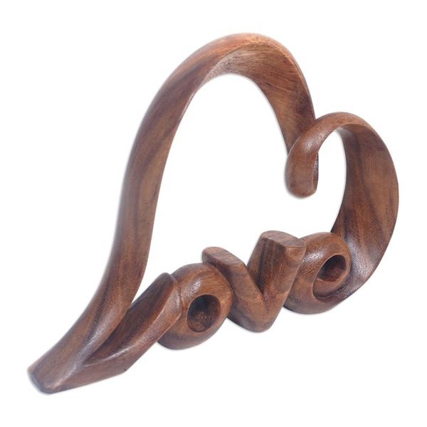 Alternate image for Hand-Carved Abstract Heart-Shaped Suar Wood Sculpture Love Whisper