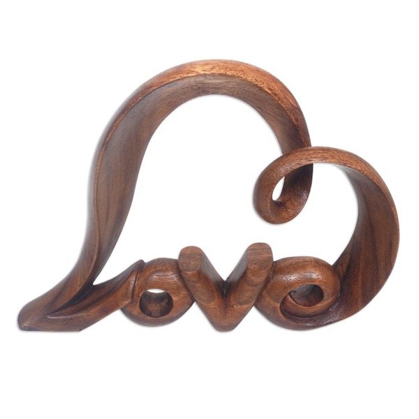 Alternate image for Hand-Carved Abstract Heart-Shaped Suar Wood Sculpture Love Whisper