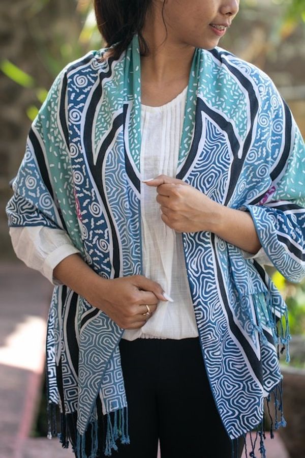 Alternate image for Handcrafted Green Batik Rayon Shawl with Wavy Motifs Serene Waves