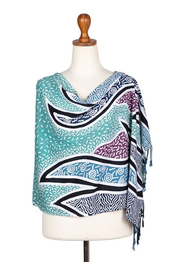 Alternate image for Handcrafted Green Batik Rayon Shawl with Wavy Motifs Serene Waves
