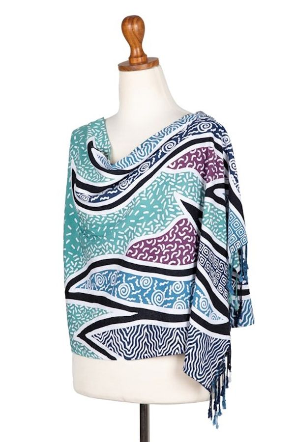 Alternate image for Handcrafted Green Batik Rayon Shawl with Wavy Motifs Serene Waves