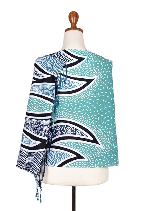 Alternate image for Handcrafted Green Batik Rayon Shawl with Wavy Motifs Serene Waves