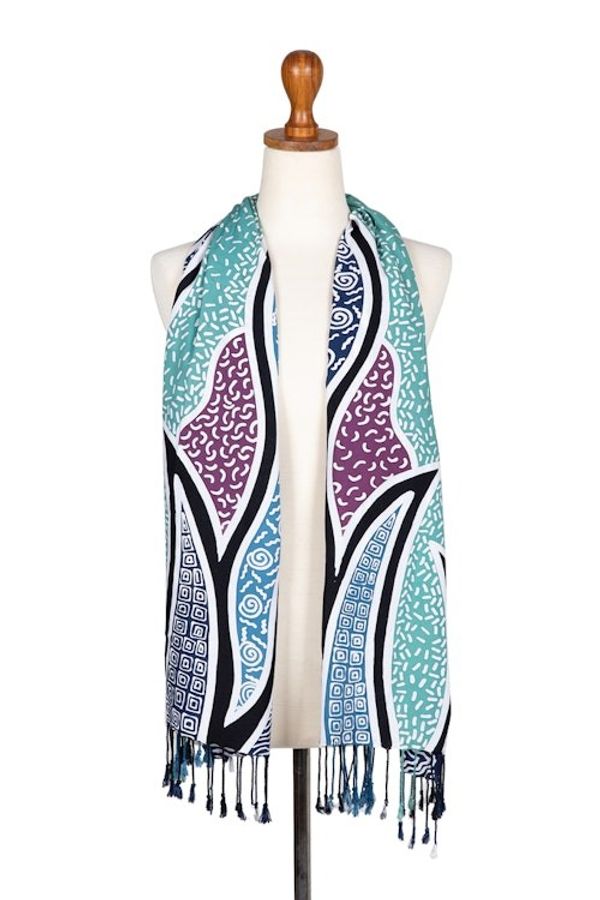 Alternate image for Handcrafted Green Batik Rayon Shawl with Wavy Motifs Serene Waves