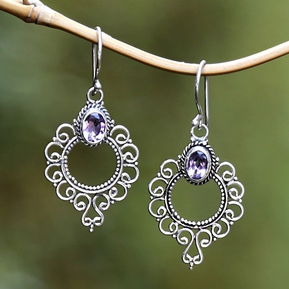 Swirling Sterling Silver Dangle Earrings with Amethyst Gems 'Wise Morning Flowers'