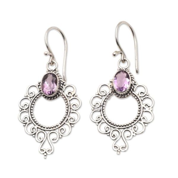 Alternate image for Swirling Sterling Silver Dangle Earrings with Amethyst Gems Wise Morning Flowers