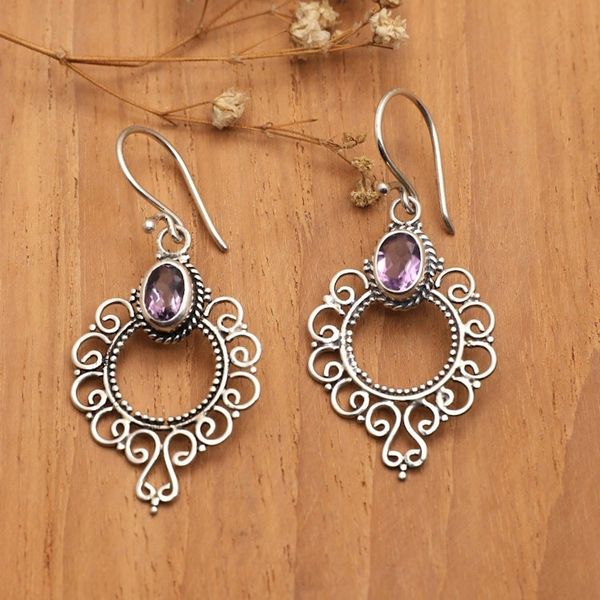 Alternate image for Swirling Sterling Silver Dangle Earrings with Amethyst Gems Wise Morning Flowers