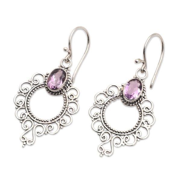 Alternate image for Swirling Sterling Silver Dangle Earrings with Amethyst Gems Wise Morning Flowers