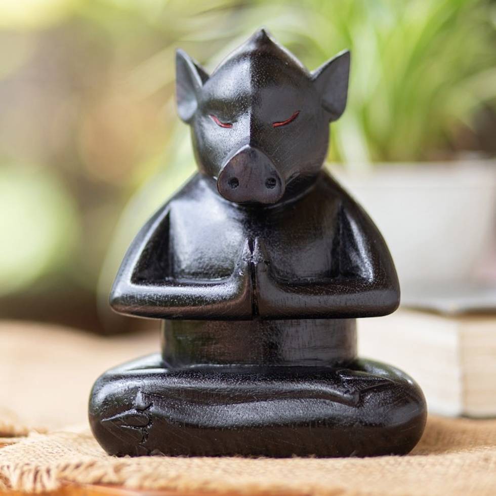 Handcrafted Black Suar Wood Pig Statuette from Bali 'Gentle Apprentice at Night'