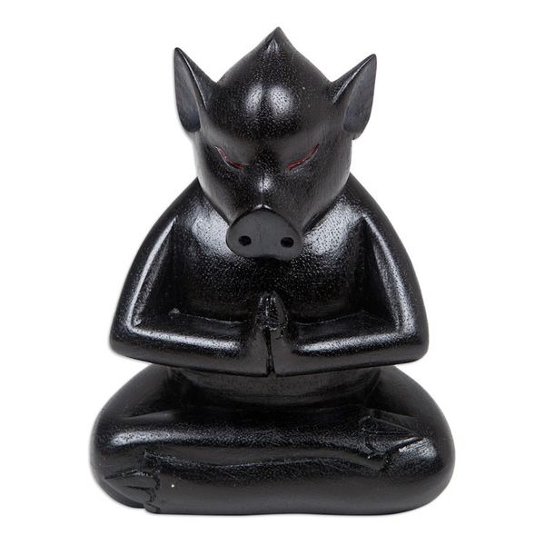 Alternate image for Handcrafted Black Suar Wood Pig Statuette from Bali Gentle Apprentice at Night