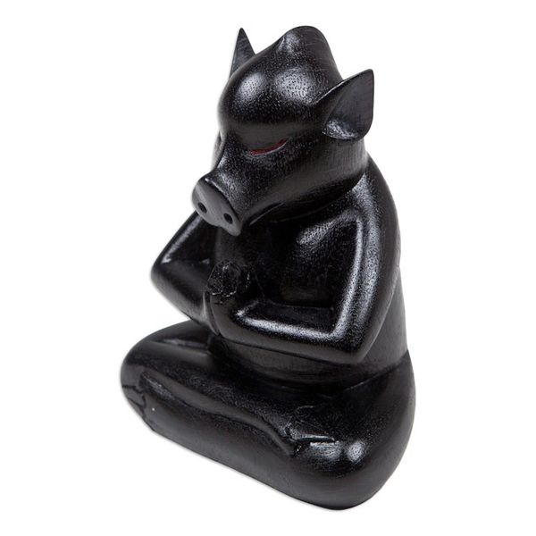 Alternate image for Handcrafted Black Suar Wood Pig Statuette from Bali Gentle Apprentice at Night