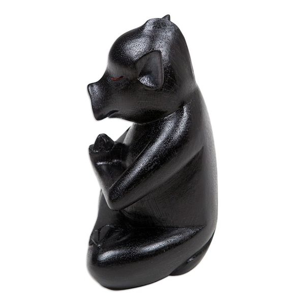 Alternate image for Handcrafted Black Suar Wood Pig Statuette from Bali Gentle Apprentice at Night