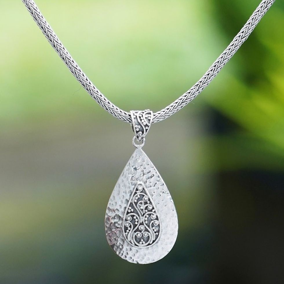 Silver Teardrop Pendant Necklace with Hammered Finish 'Bright Drop'
