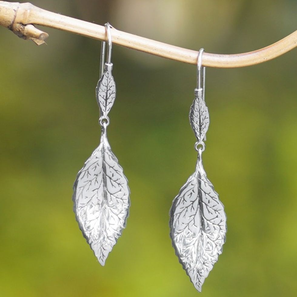 Leafy Sterling Silver Dangle Earrings Crafted in Bali 'Ethereal Foliage'