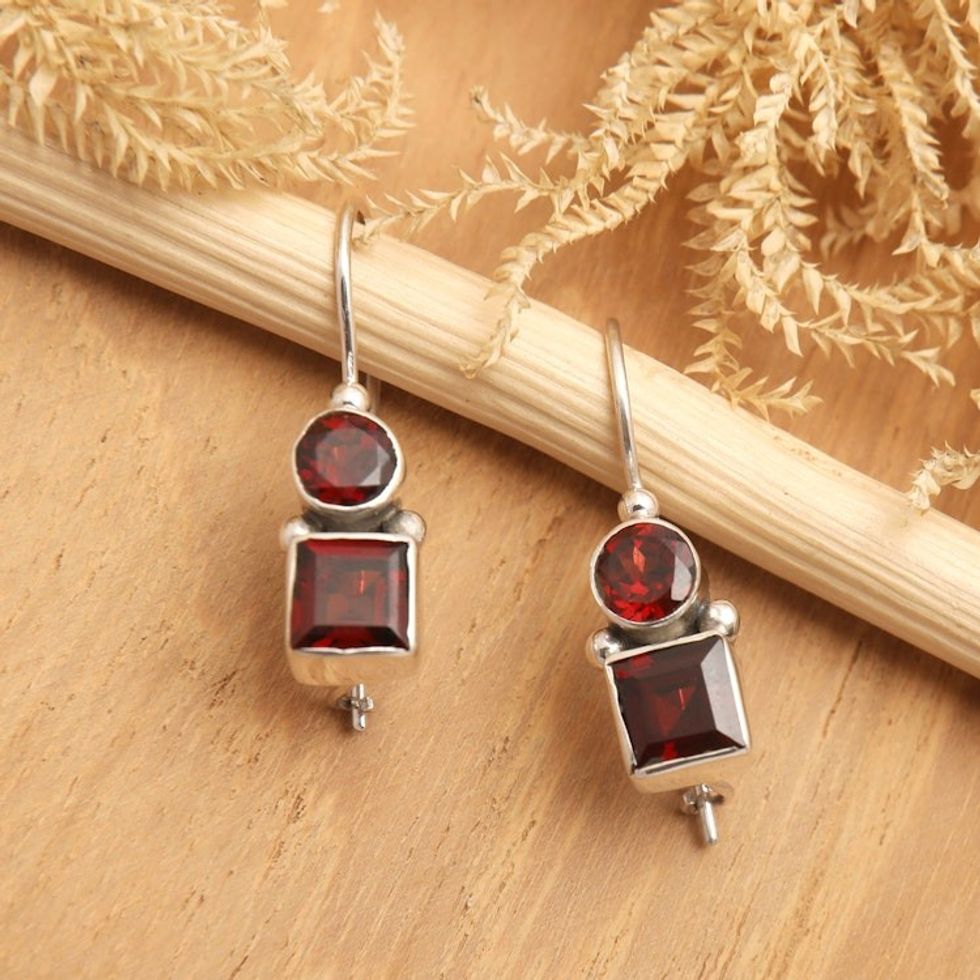 Polished Drop Earrings with Over-One-Carat Garnet Gems 'Sparkles of Perseverance'