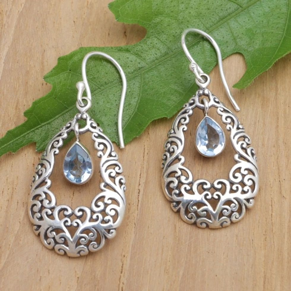 Polished Sterling Silver Dangle Earrings with Blue Topaz 'Blue Vine Drops'