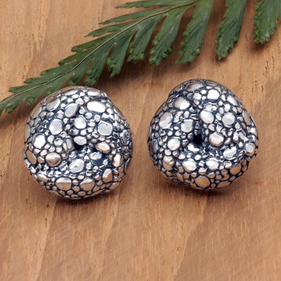 Bubble-Patterned Sterling Silver Button Earrings from Bali 'Swirling Bubbles'