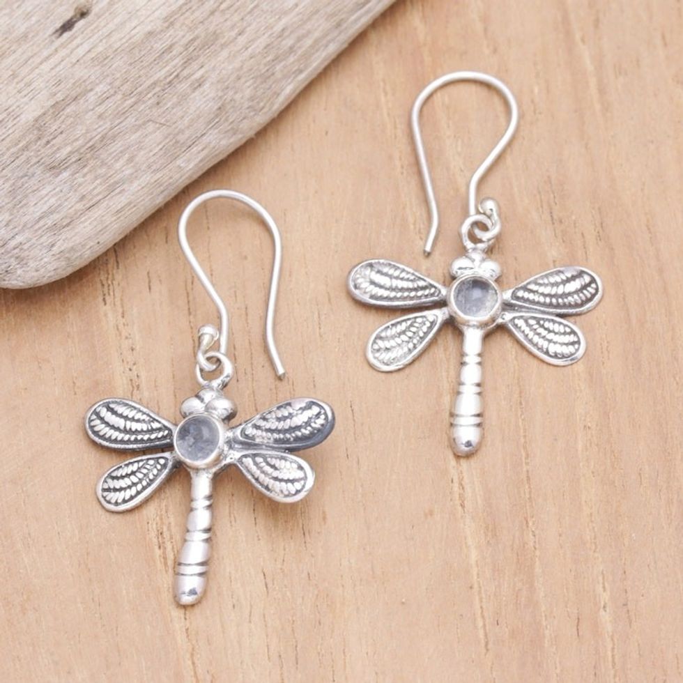Dragonfly Dangle Earrings with Natural Rainbow Moonstones 'Harmonious Change'