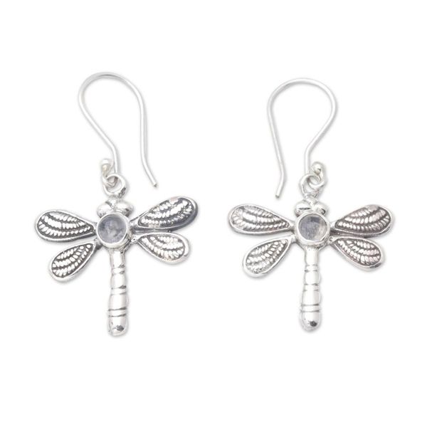 Alternate image for Dragonfly Dangle Earrings with Natural Rainbow Moonstones Harmonious Change