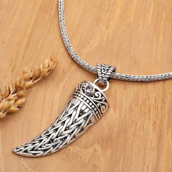 Alternate image for Mens 925 Silver Fang Pendant Necklace with Amethyst Stone Mighty Purple