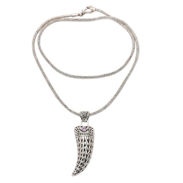 Alternate image for Mens 925 Silver Fang Pendant Necklace with Amethyst Stone Mighty Purple