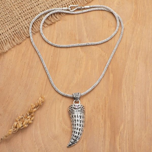 Alternate image for Mens 925 Silver Fang Pendant Necklace with Amethyst Stone Mighty Purple
