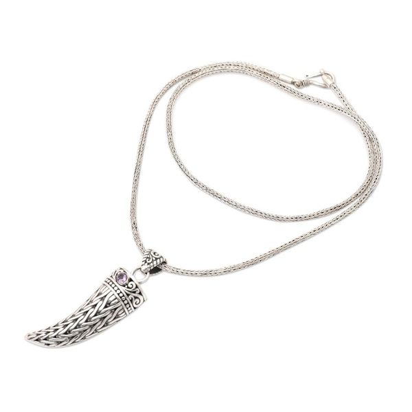 Alternate image for Mens 925 Silver Fang Pendant Necklace with Amethyst Stone Mighty Purple