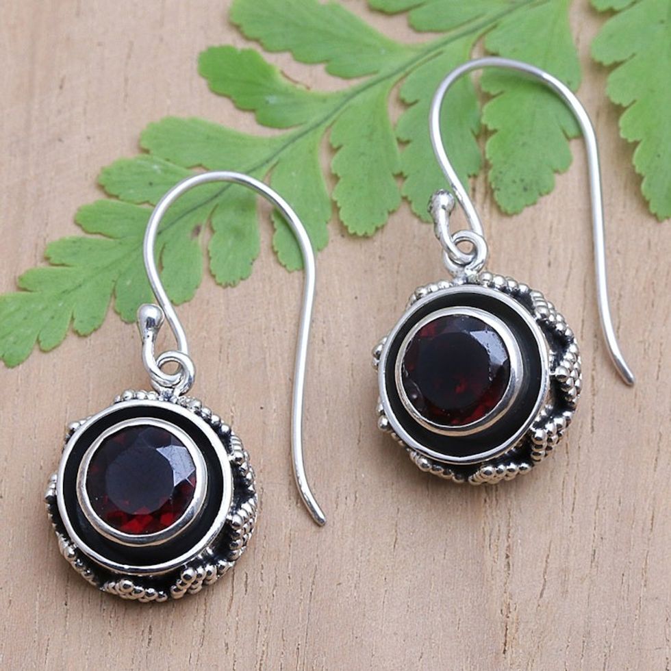 Balinese Sterling Silver Dangle Earrings with Garnet Stones 'Batur in Red'