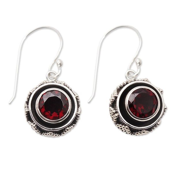 Alternate image for Balinese Sterling Silver Dangle Earrings with Garnet Stones Batur in Red