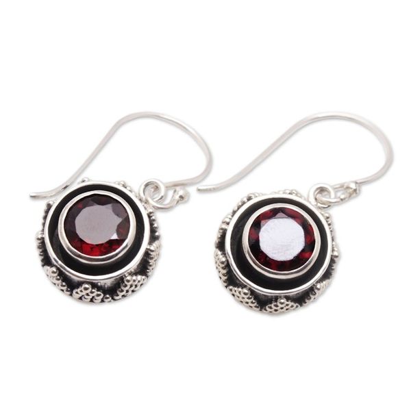 Alternate image for Balinese Sterling Silver Dangle Earrings with Garnet Stones Batur in Red