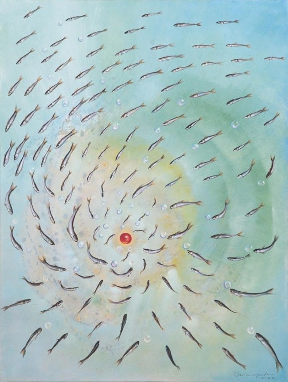 Oil on Canvas Surrealist Painting of Fish from Indonesia 'To The Red Point'
