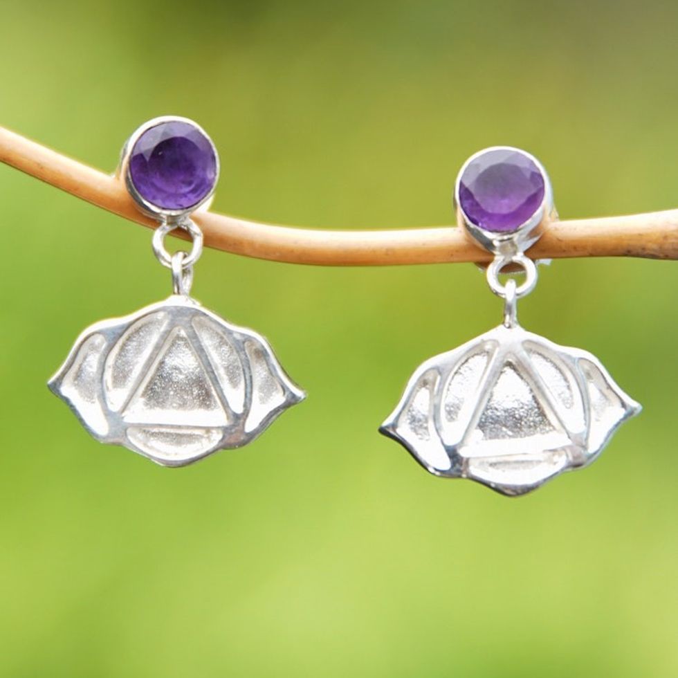 Amethyst and Silver Sacral Chakra Symbol Dangle Earrings 'Swadhisthana Chakra'