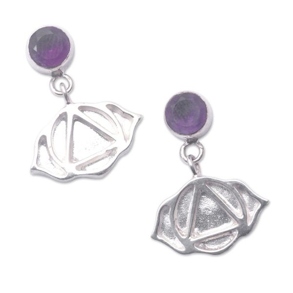 Alternate image for Amethyst and Silver Sacral Chakra Symbol Dangle Earrings Swadhisthana Chakra