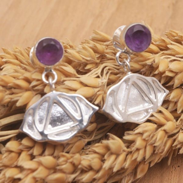 Alternate image for Amethyst and Silver Sacral Chakra Symbol Dangle Earrings Swadhisthana Chakra