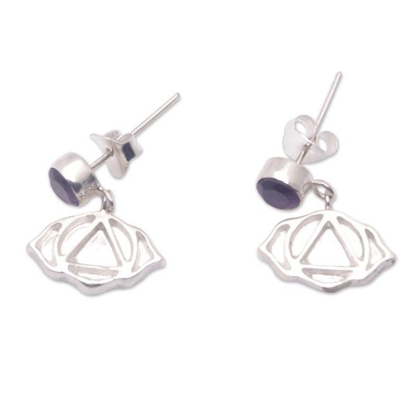 Alternate image for Amethyst and Silver Sacral Chakra Symbol Dangle Earrings Swadhisthana Chakra