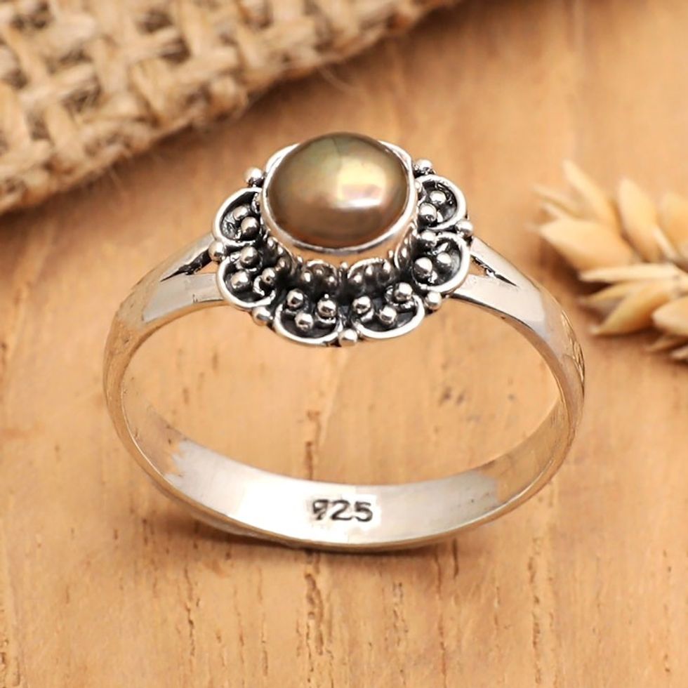 Cultured Pearl and Sterling Silver Floral Single Stone Ring 'Summer Bloom'