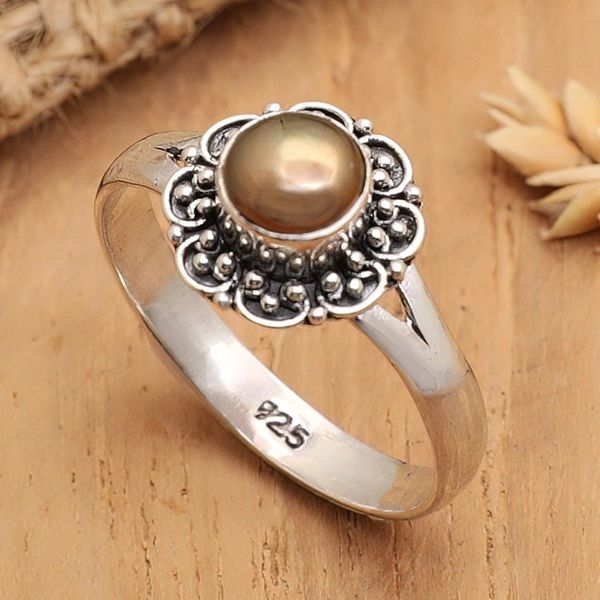 Alternate image for Cultured Pearl and Sterling Silver Floral Single Stone Ring Summer Bloom