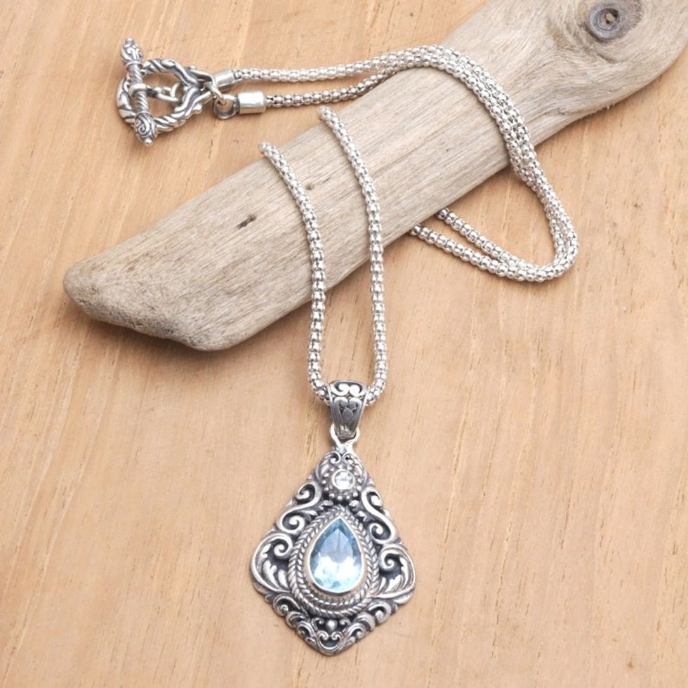 Sterling Silver Pendant Necklace with Blue Topaz Gemstone 'Batur Style'