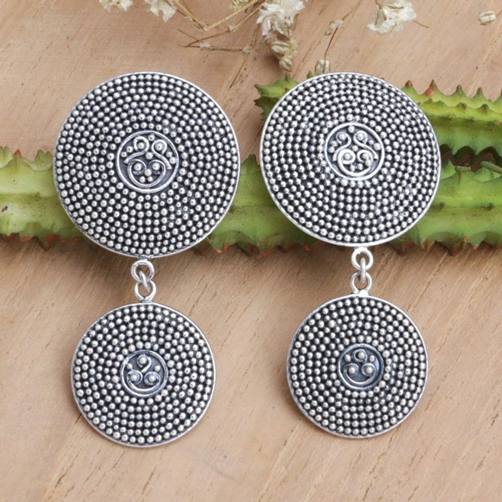 Sterling Silver Speckled Dangle Earrings from Bali 'Speckled Shield'