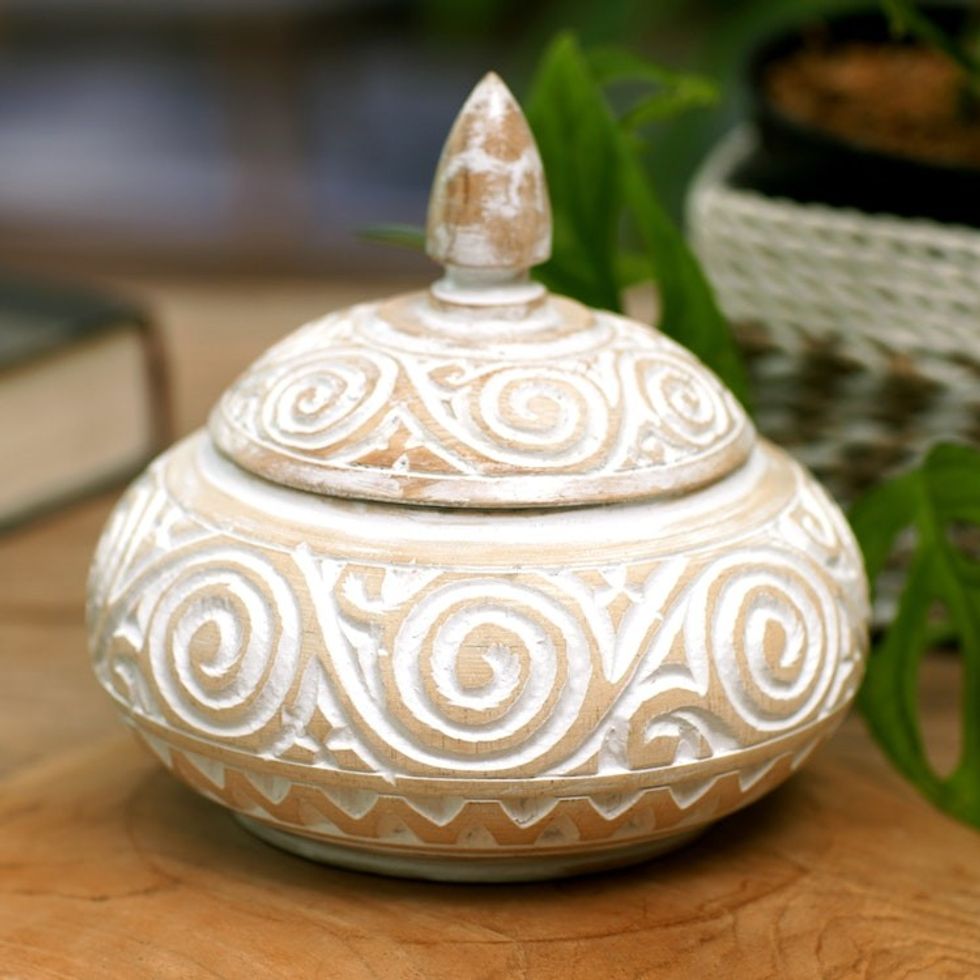 Hand-Carved Albesia Wood Decorative Box with Rustic Finish 'Island Secret'