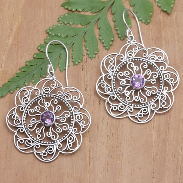 Alternate image for Floral and Sun-Inspired Amethyst Filigree Dangle Earrings Noble Sunset