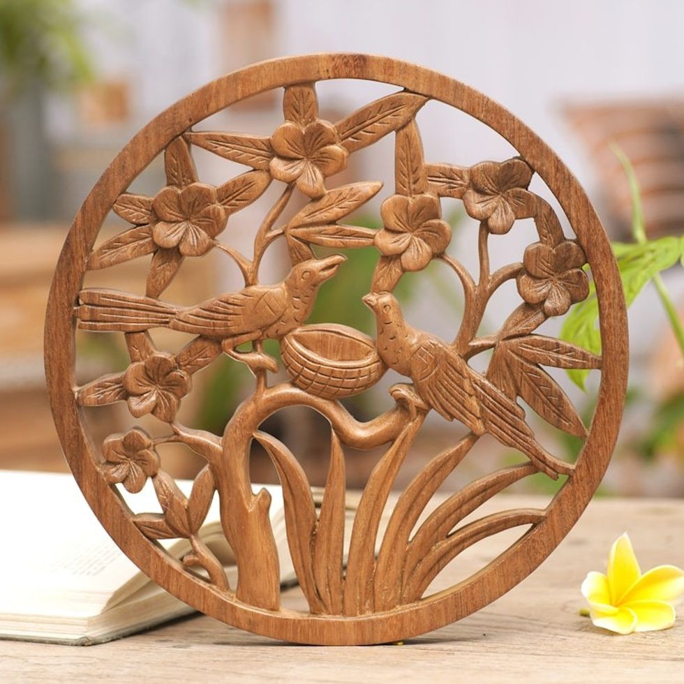 Bird Floral and Leaf Relief Panel Hand-Carved from Wood 'Morning Frangipani'